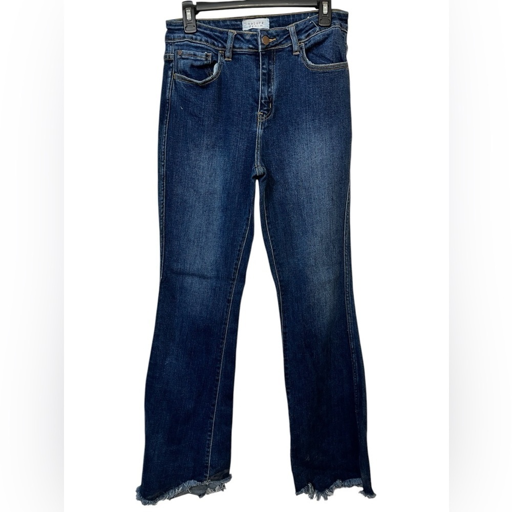 Nature women's jeans high rise flare frayed hem Size 11 dark wash‎ stretch